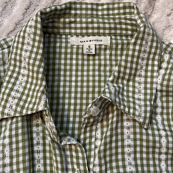 Max Studio Size S Peplum Stretch Tie Button Down Vintage Tank NEW Green Gingham - Picture 3 of 6